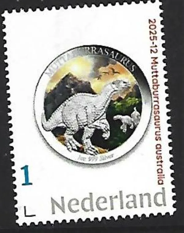 Nederlannd 2025-12 Prehistorie Prehistoric: Muttaburrasaurus australia $1coin on stamp postfris/mnh