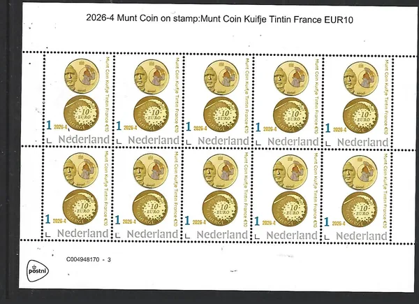Nederland 2026-4 Coin on stamp Kuifje Tintin France €10 sheet postfris/mnh