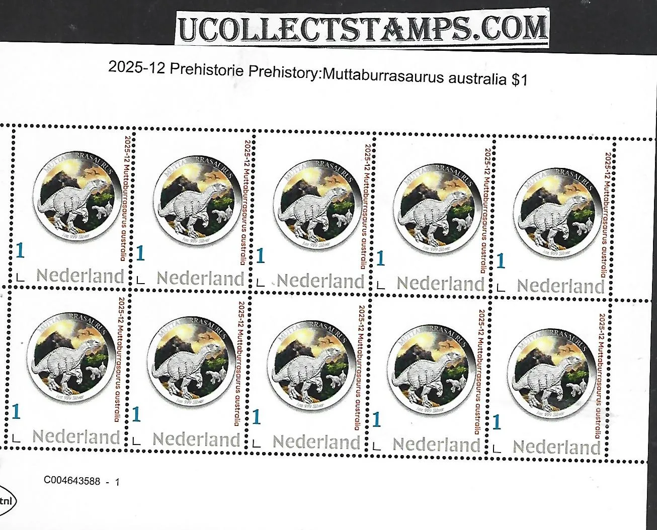Netherlands 2025-12 Prehistory: Muttaburrasaurus australia $1 coin sheetlet MNH