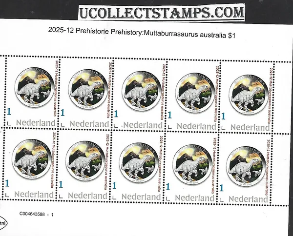 Netherlands 2025-12 Prehistory: Muttaburrasaurus australia $1 coin sheetlet MNH