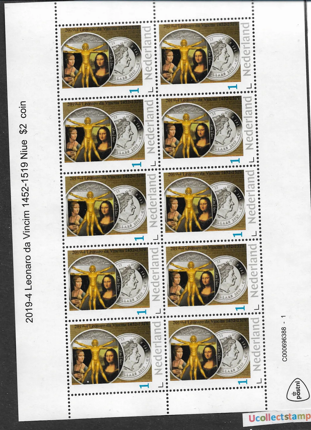 Niederlande 2019-4b Leonardo da Vinci Münze Niue $2 Blatt postfrisch/mnh