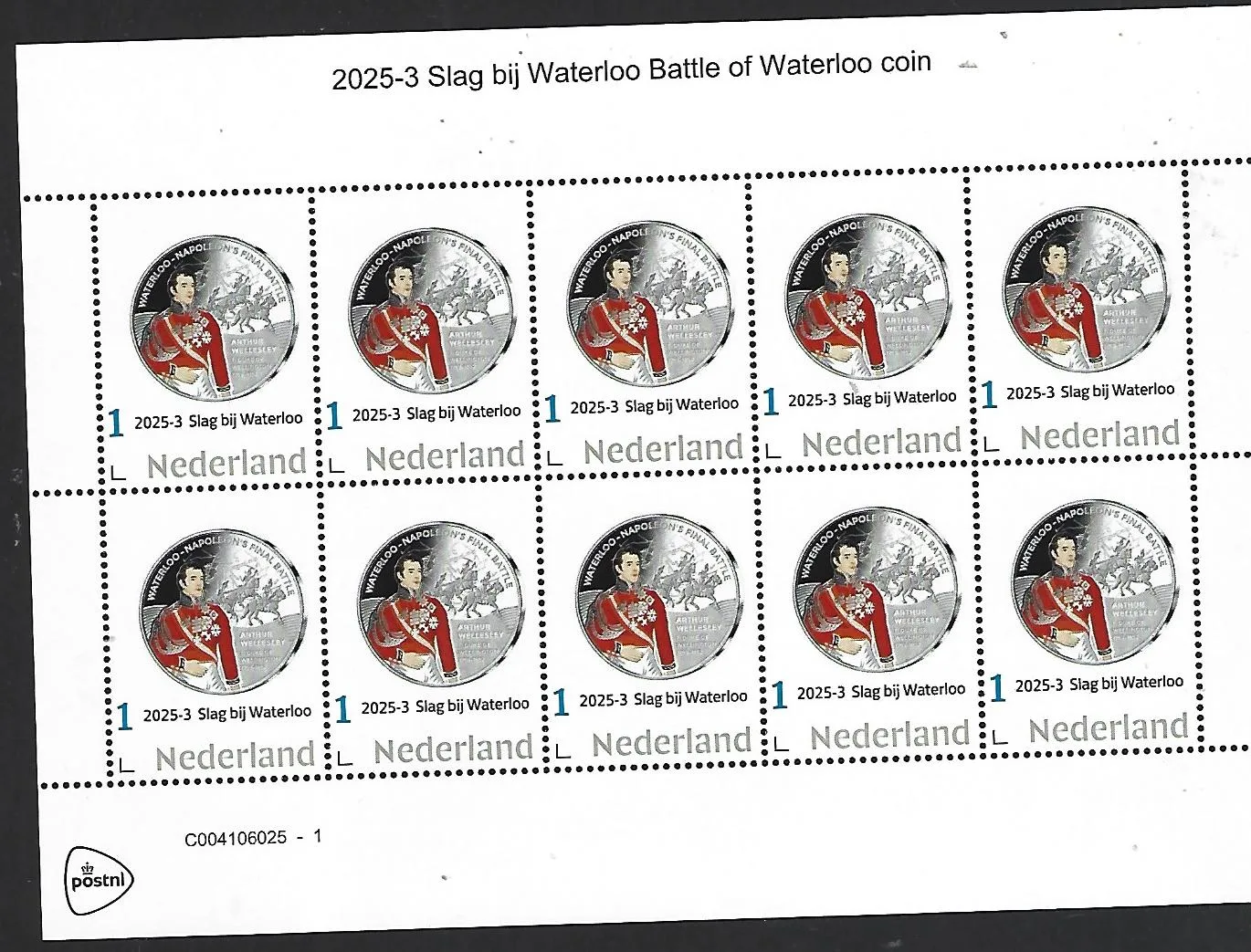 Netherlands 2025-3 Battle of Waterloo: Duke of Ellington Gibraltar 50p coin sheetlet MNH