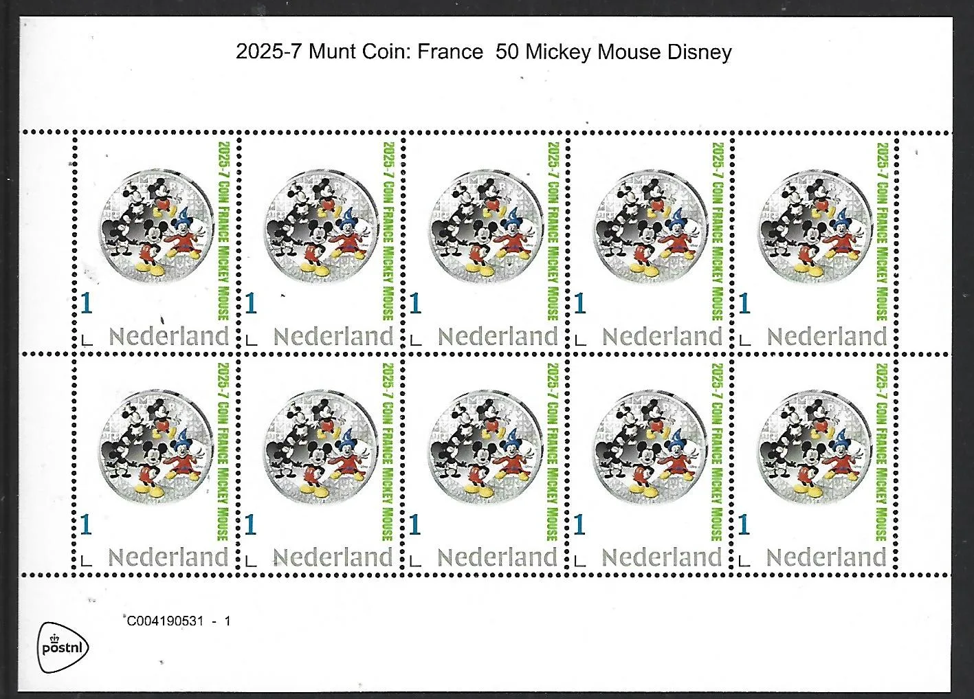 Netherlands 2025-7 Coin Disney: Mickey Mouse Fr €50 sheet MNH