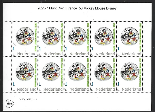 Netherlands 2025-7 Coin Disney: Mickey Mouse Fr €50 sheet MNH