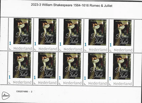 Netherlands 2023-3 William Shakespeare 1564-1616; Romeo & Juliet sheetlet MNH