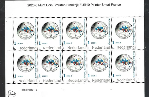 Nederland 2026-3a munt coin Painter Smurf France €10 sheet postfris/mnh