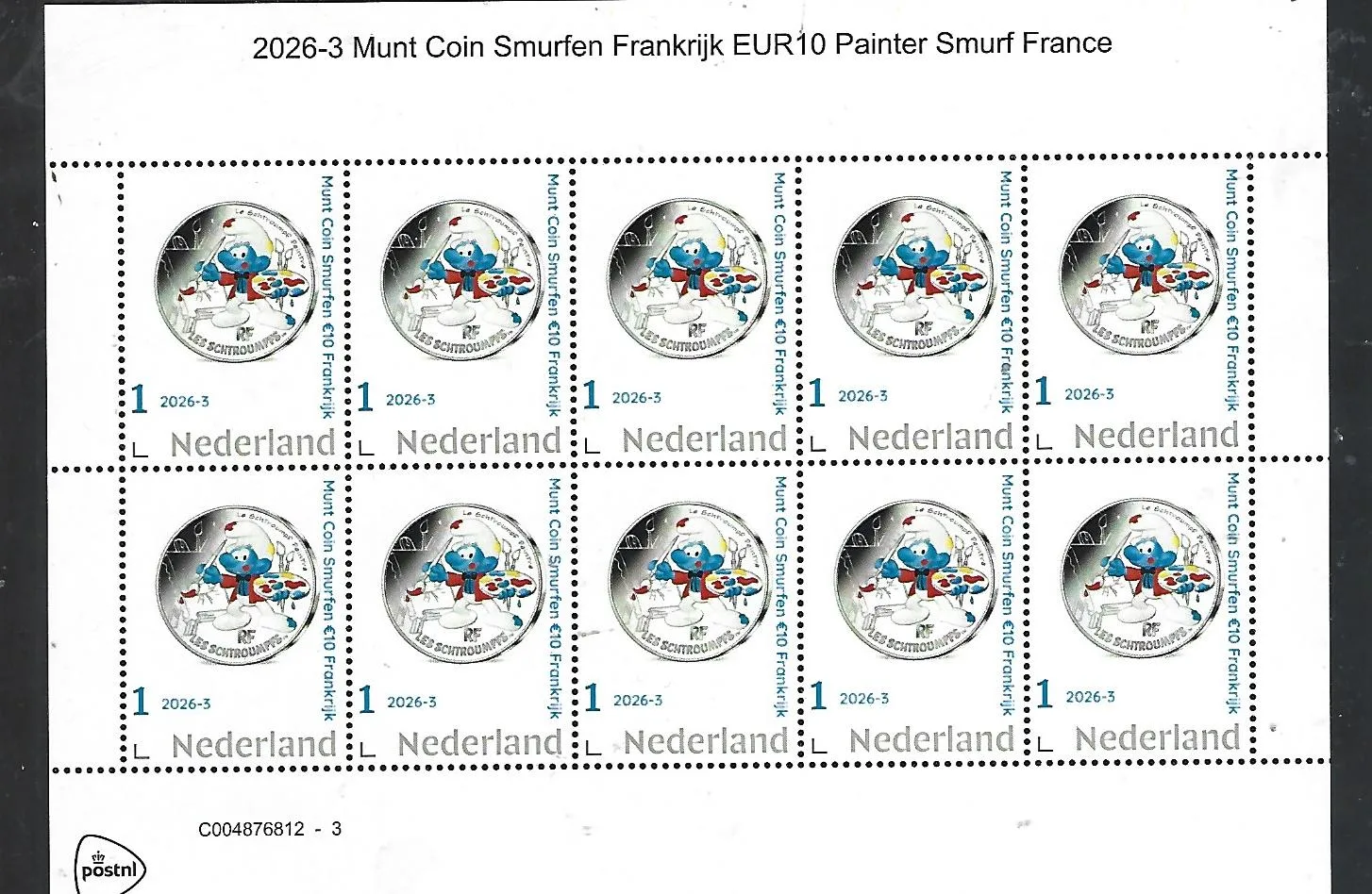 Nederland 2026-3a munt coin Painter Smurf France €10 sheet postfris/mnh