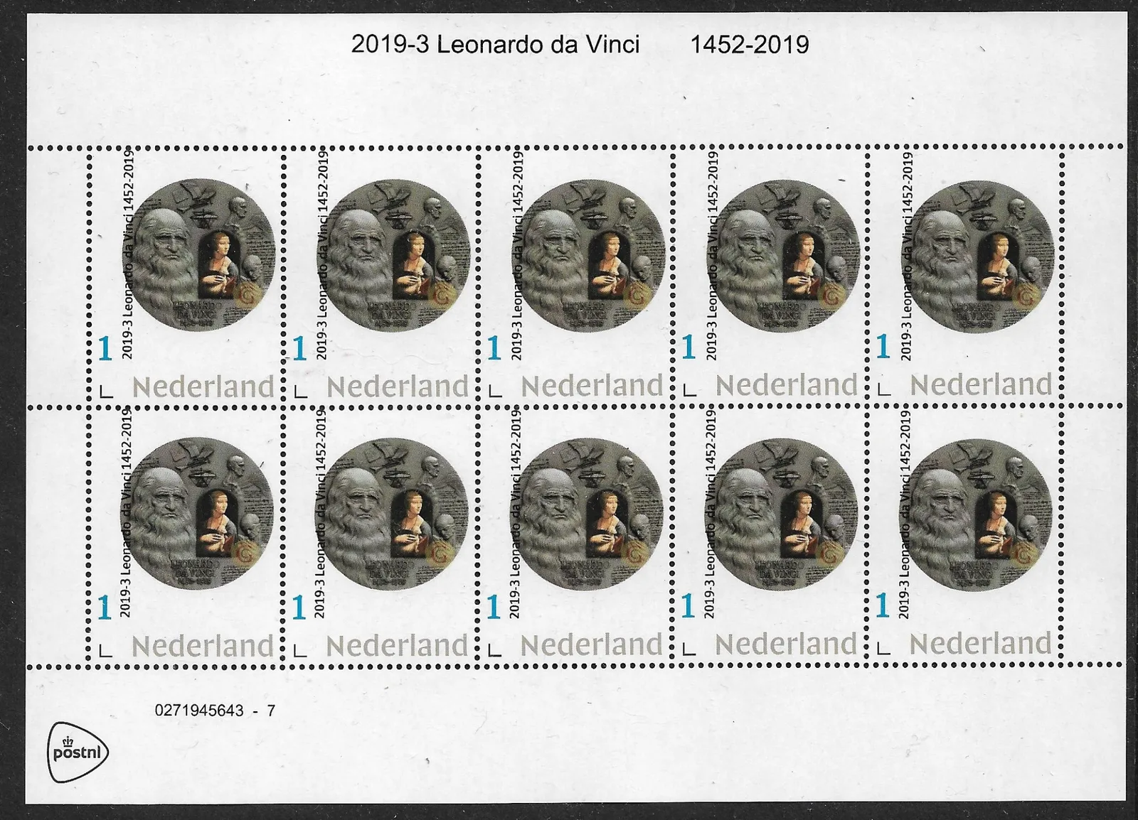 Pays-Bas 2019-3 Leonardo da Vinci Coin Niue feuillet neuf/mnh