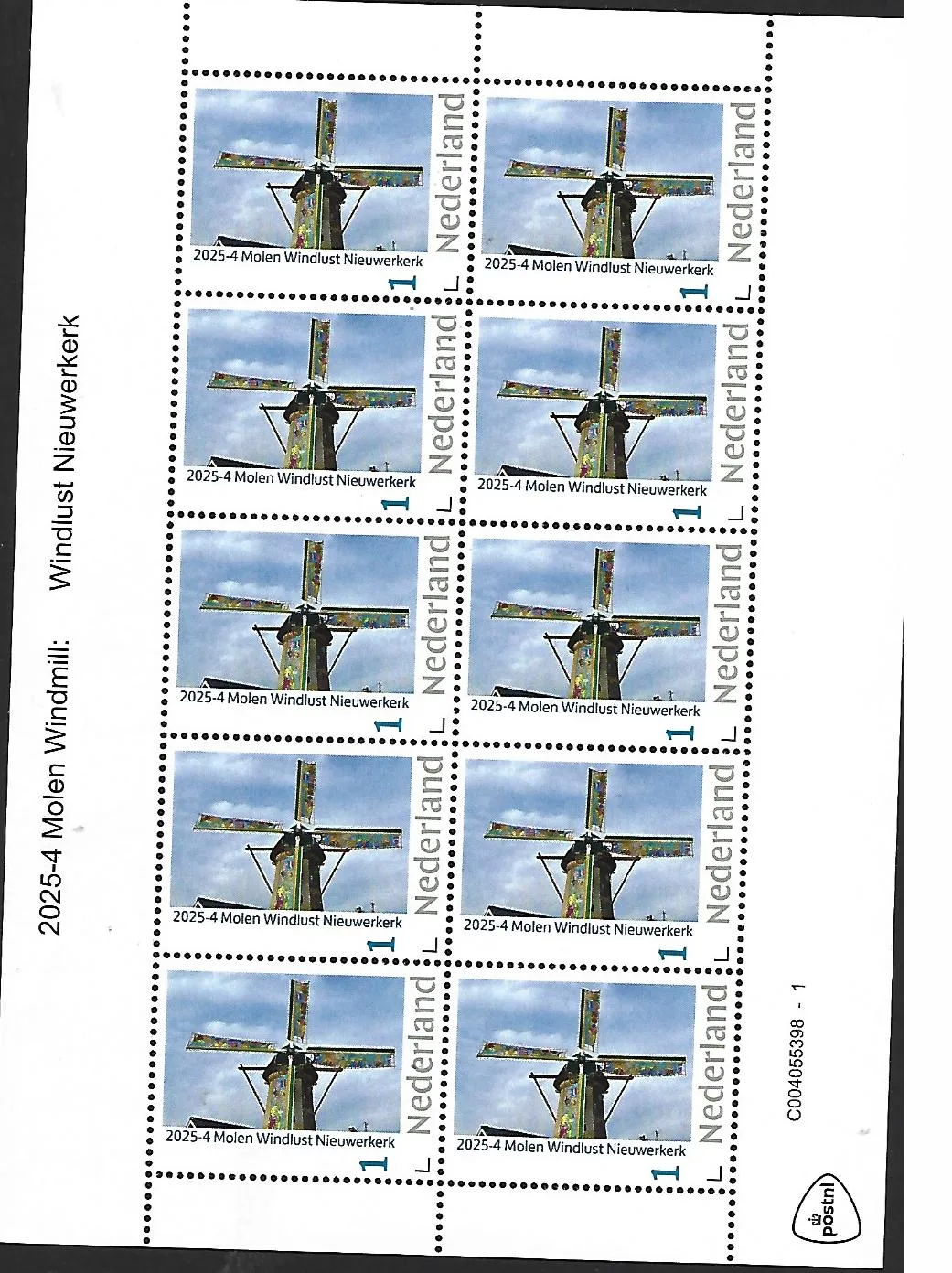 Nederland 2025-4 Molen Windmill: Windlust Nieuwerkerk sheetletposfris/mnh