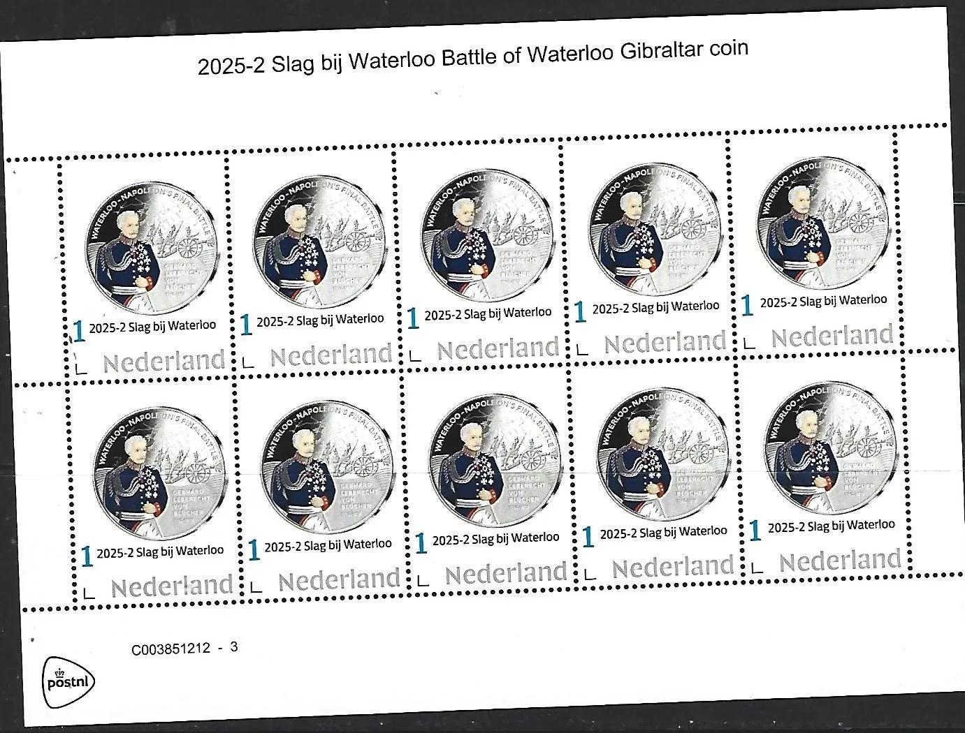 Netherlands 2025-2 Battle of Waterloo coin on stamp sheet MNH