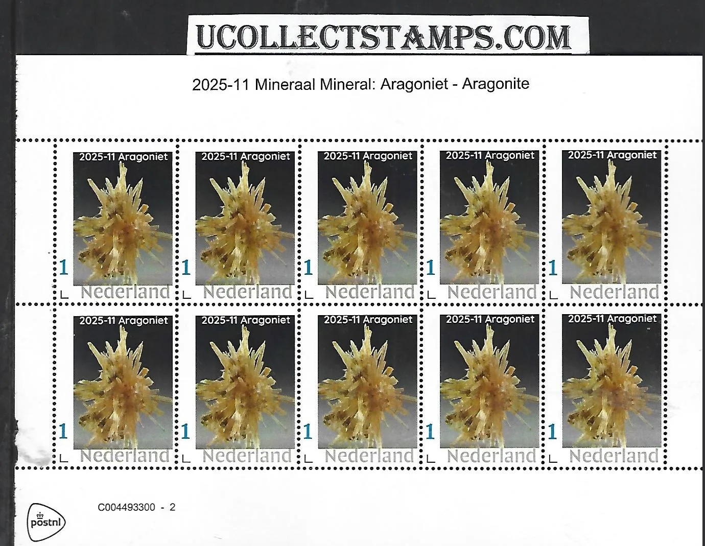 Nederland 2025-11 Mineraal Mineral: Aragoniet Aragonite sheet postfris/mnh