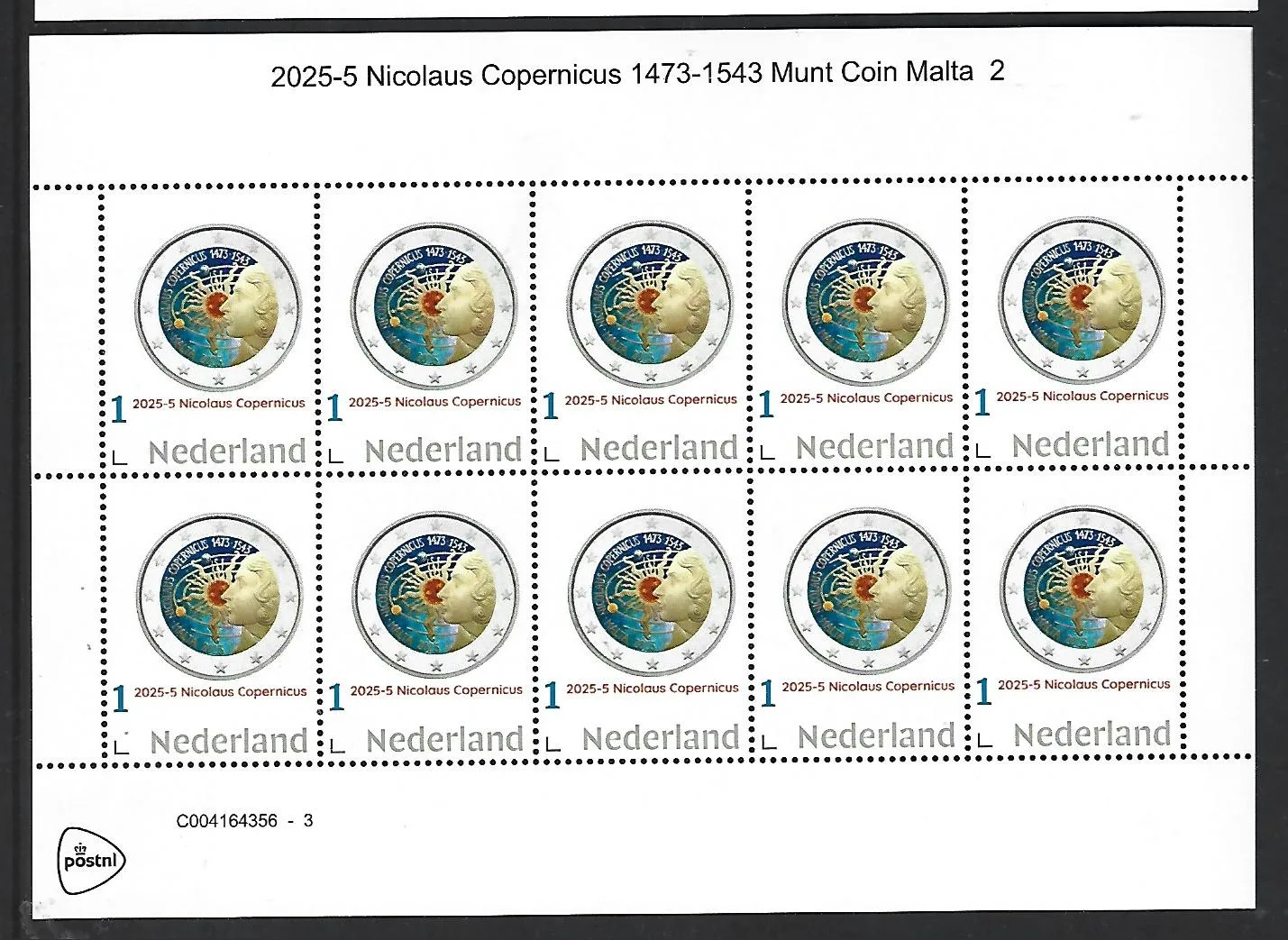Netherlands 2025-5 Nicolaus Copernicus: Coin Malta €2 Malta sheetlet MNH
