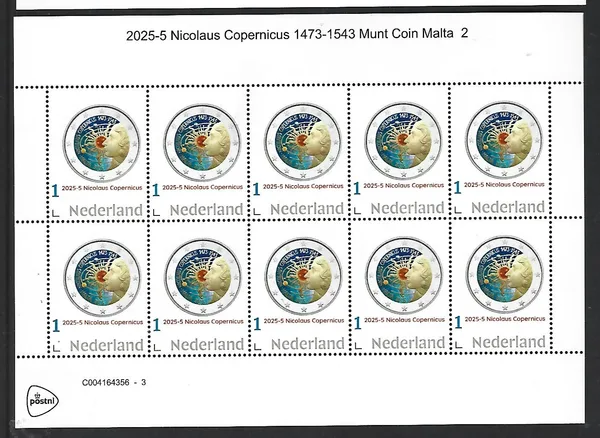 Netherlands 2025-5 Nicolaus Copernicus: Coin Malta €2 Malta sheetlet MNH