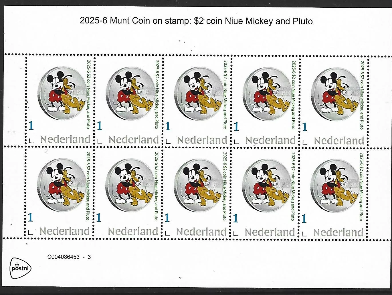 Nederland 2025-6 Coin on stamp Disney Mickey Pluto sheetlet postfris/mnh