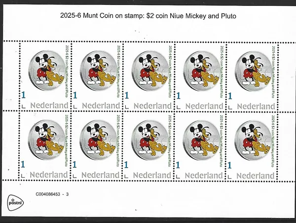 Nederland 2025-6 Coin on stamp Disney Mickey Pluto sheetlet postfris/mnh