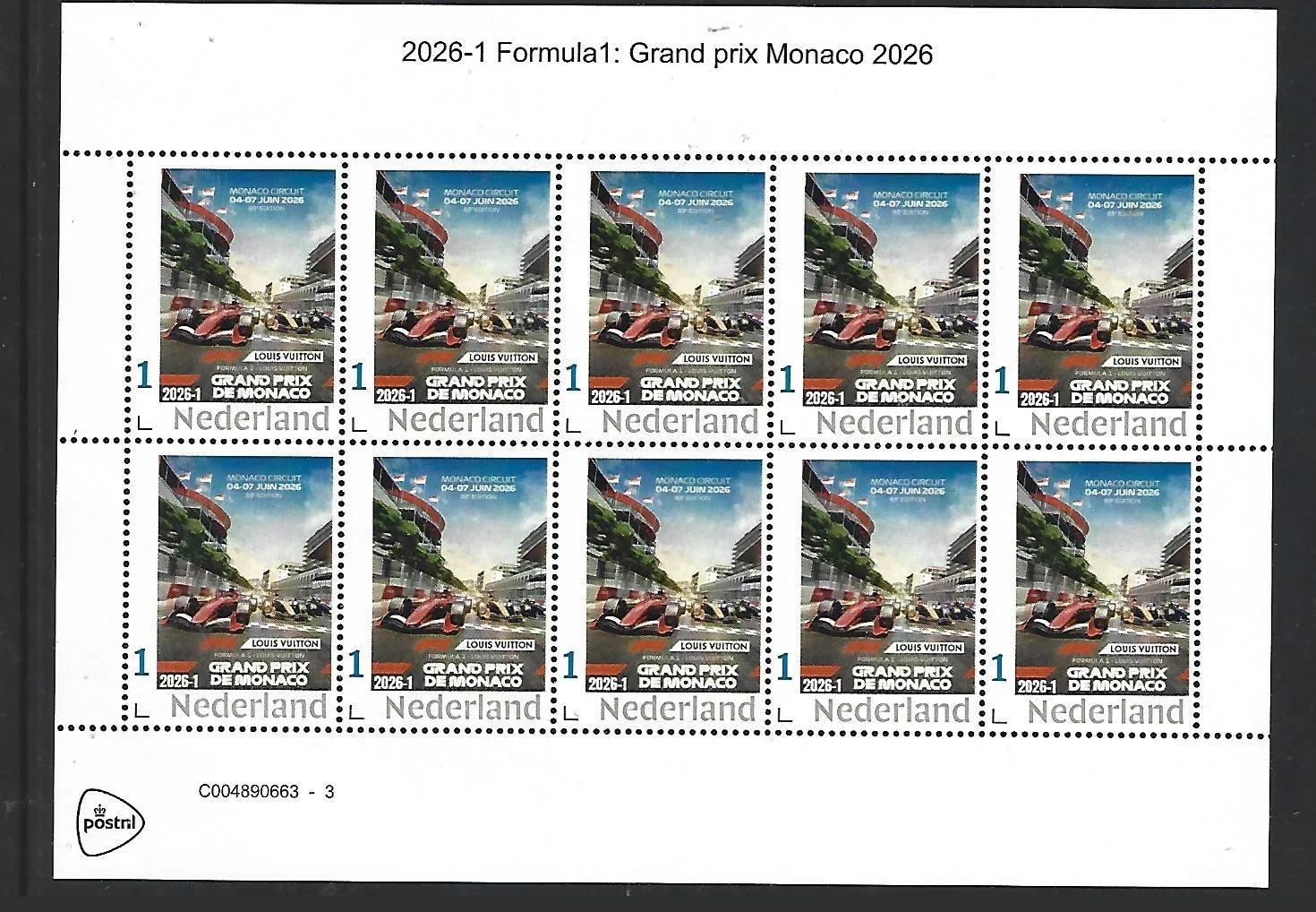 Nederland 2026-1 Autoracing Formula1: Grandprix Monaco 2026 sheet postfris/mnh