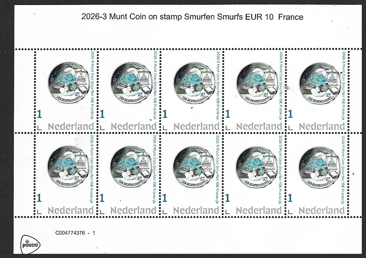 Nederland 2026-3 Munt coin Smurfs Smurfen €10 France sheetlet postfris/mnh