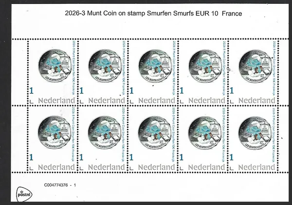Nederland 2026-3 Munt coin Smurfs Smurfen €10 France sheetlet postfris/mnh