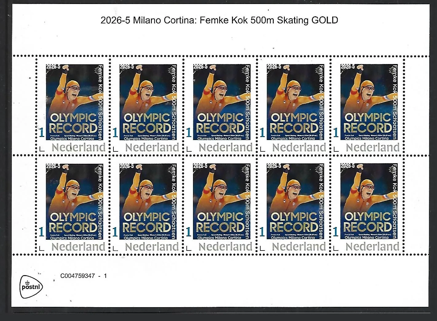 Netherlands 2026-5 Olympics Milano Cortina Femke Kok 500m Skating sheet MNH