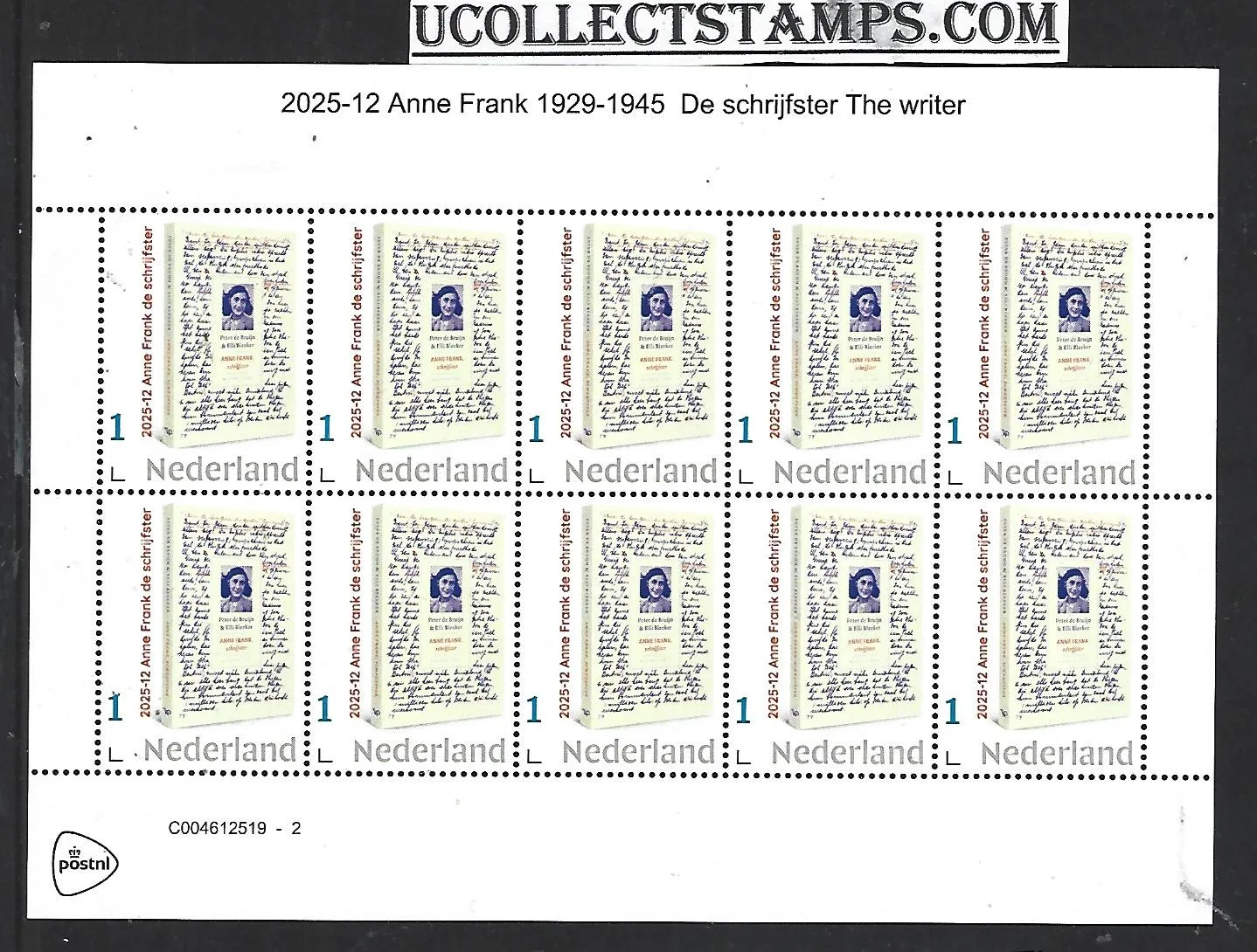 Netherlands 2025-12 Anne Frank: The writer sheet MNH