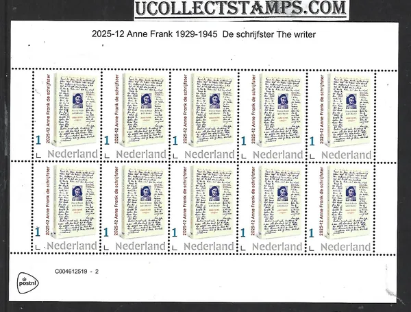 Nederland 2025-12 Anne Frank: De schrijfster The writer sheet postfris/mnh