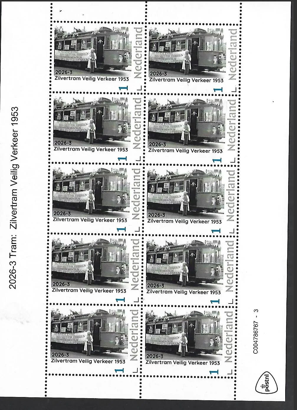 Nederland 2026-3 Tram; zilveren tram Veilig verkeer 1953 sheet postfris/mnh