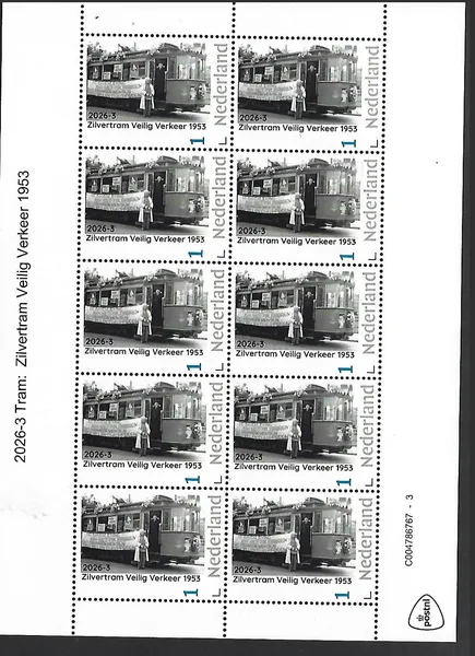 Nederland 2026-3 Tram; zilveren tram Veilig verkeer 1953 sheet postfris/mnh