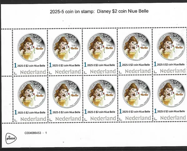 Nederland 2025-5 Coin on stamp Disney Belle sheetlet postfris/mnh