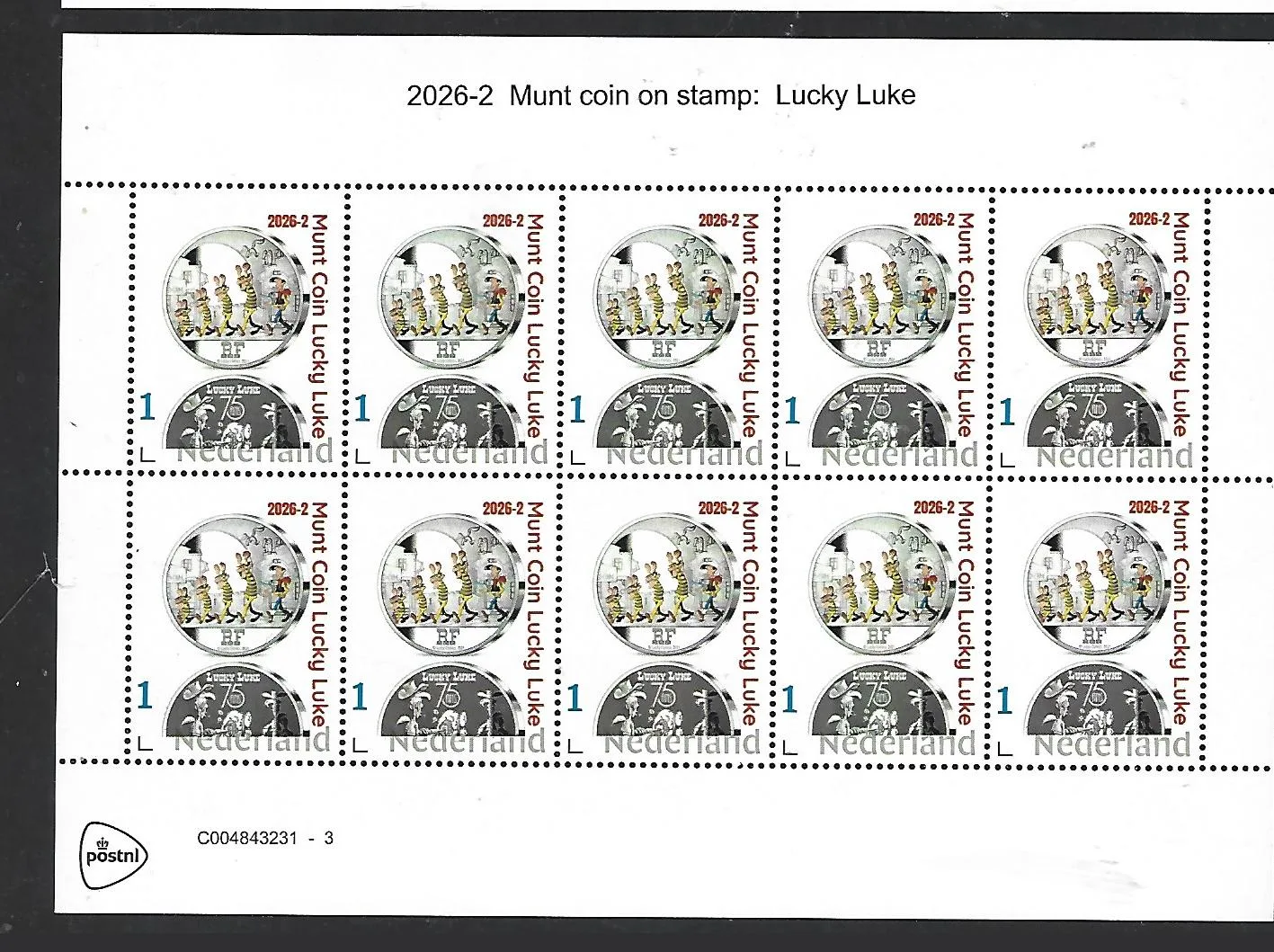 Nederland 2026-2 Munt coin on stamp Luckey Luke 50€ France sheet postfris/mnh