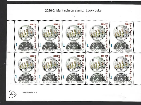 Netherlands 2026-2 Coin on stamp Lucky Luke 50€ France sheet MNH