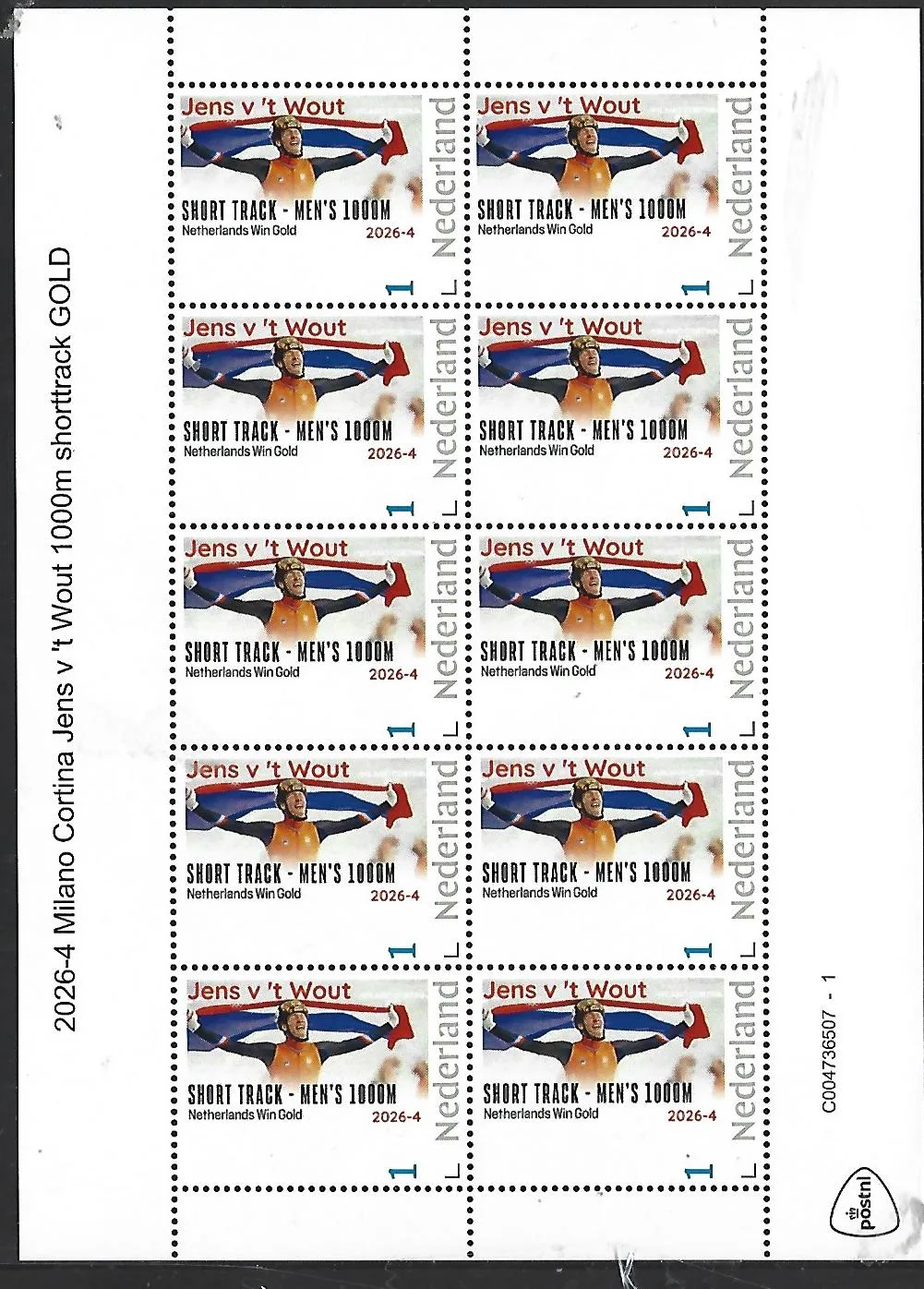 Nederland 2026-4 Olympics: Milano Cortina J v 't Wout 1000m Shorttrack sheet postfris/mnh