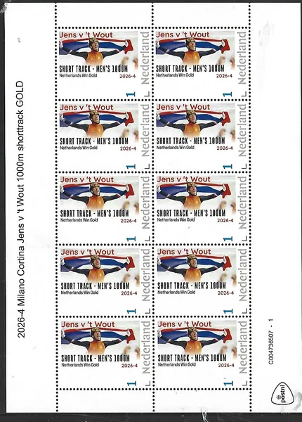 Nederland 2026-4 Olympics: Milano Cortina J v 't Wout 1000m Shorttrack sheet postfris/mnh
