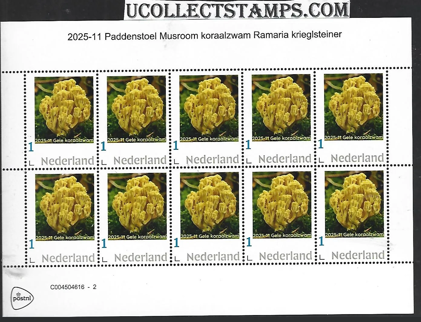Netherlands 2025-11 Mushroom: Yellow Coral Fungus sheet MNH