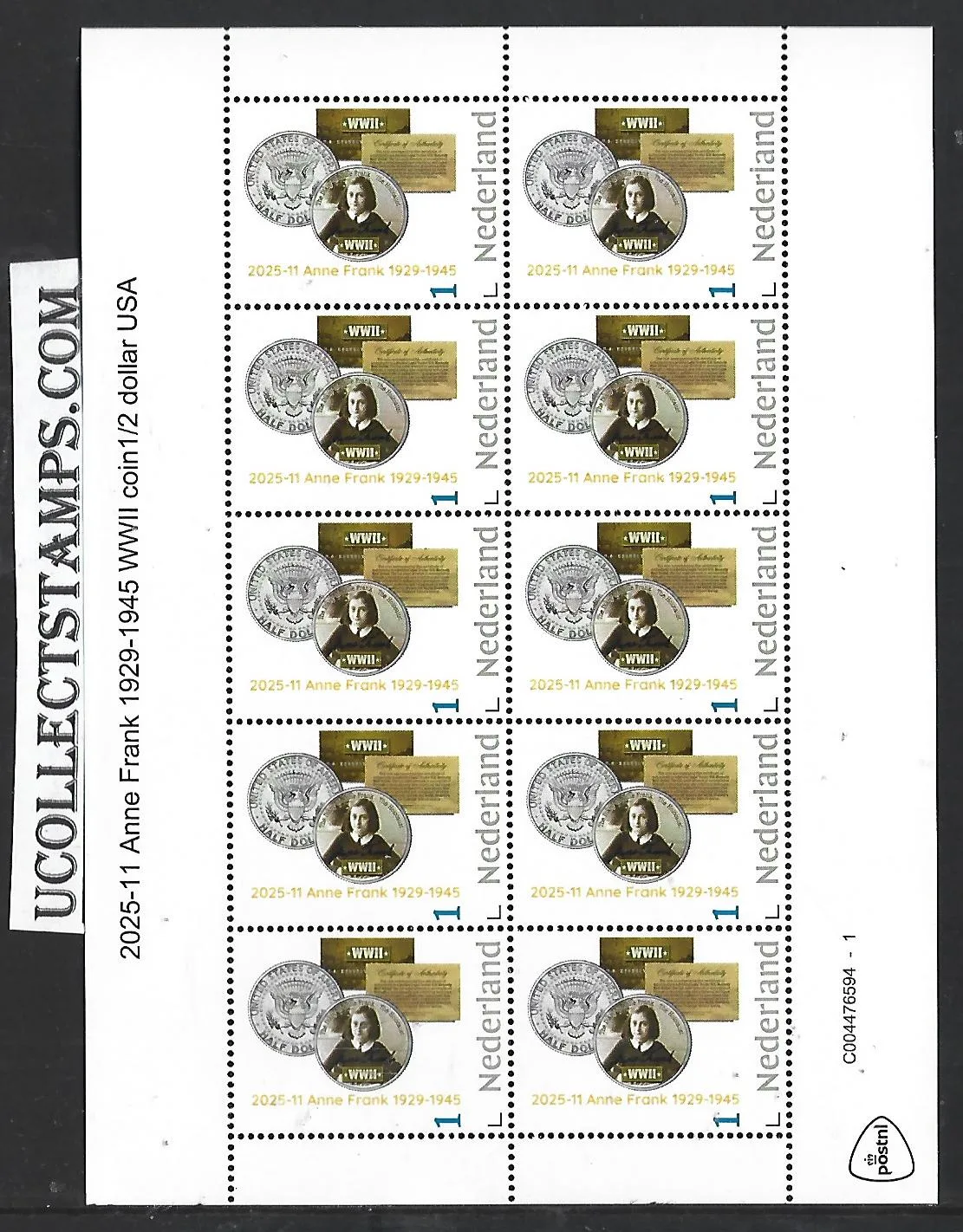 Netherlands 2025-11 Anne Frank Coin USA 1/2 dollar sheet MNH