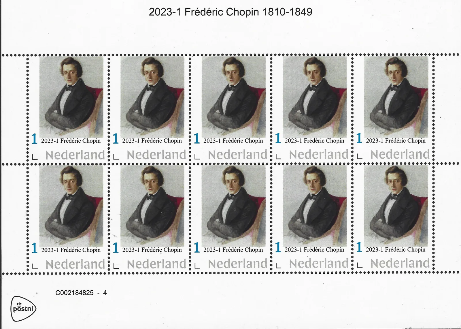 Pays-Bas 2023-1 Frédéric Chopin compositeur 1810-1849 feuillet postfrais/mnh