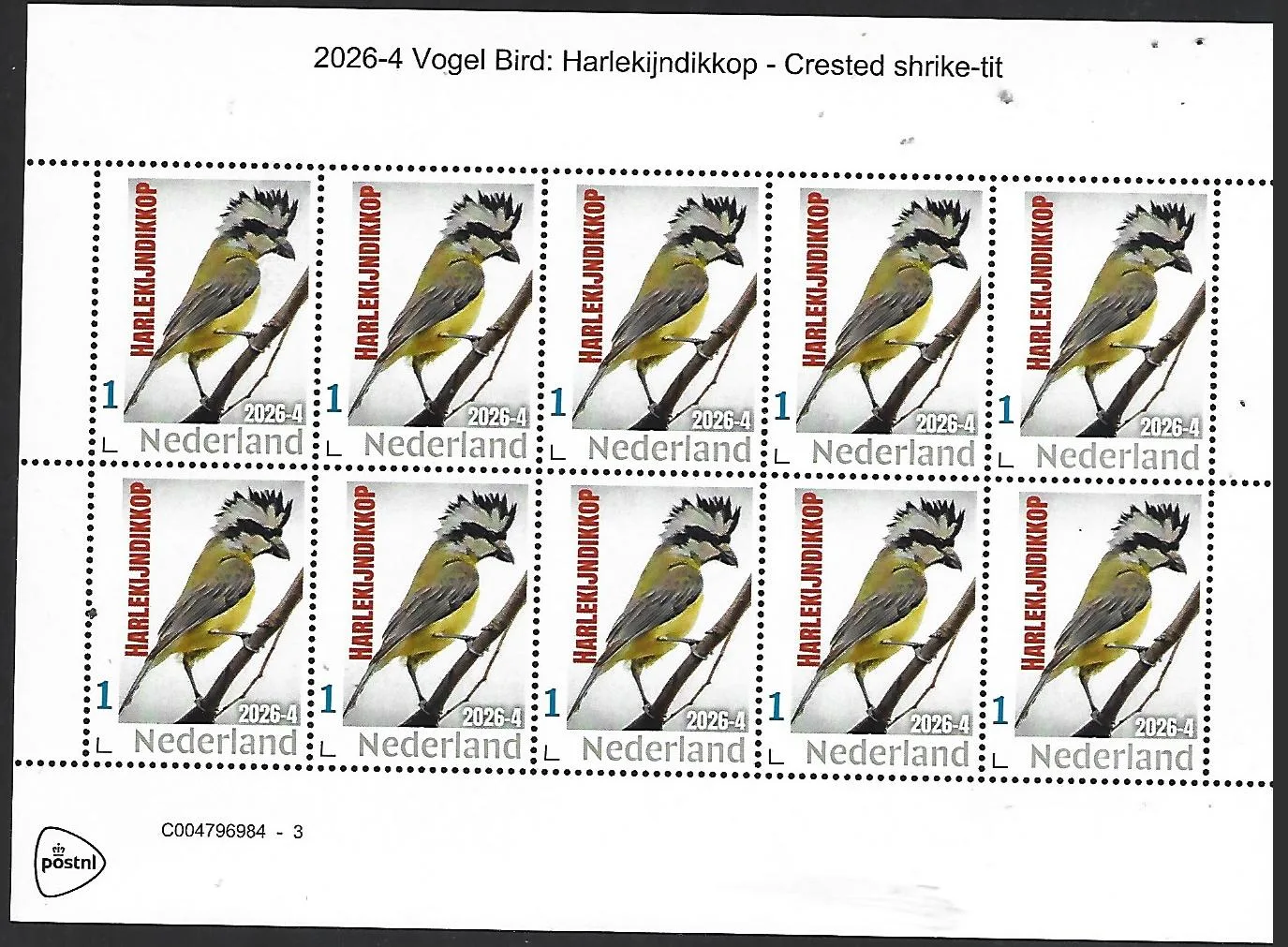 Netherlands 2026-4 Bird; Crested shrike-tit sheet MNH