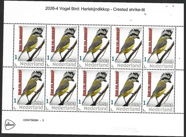 Netherlands 2026-4 Bird; Crested shrike-tit sheet MNH