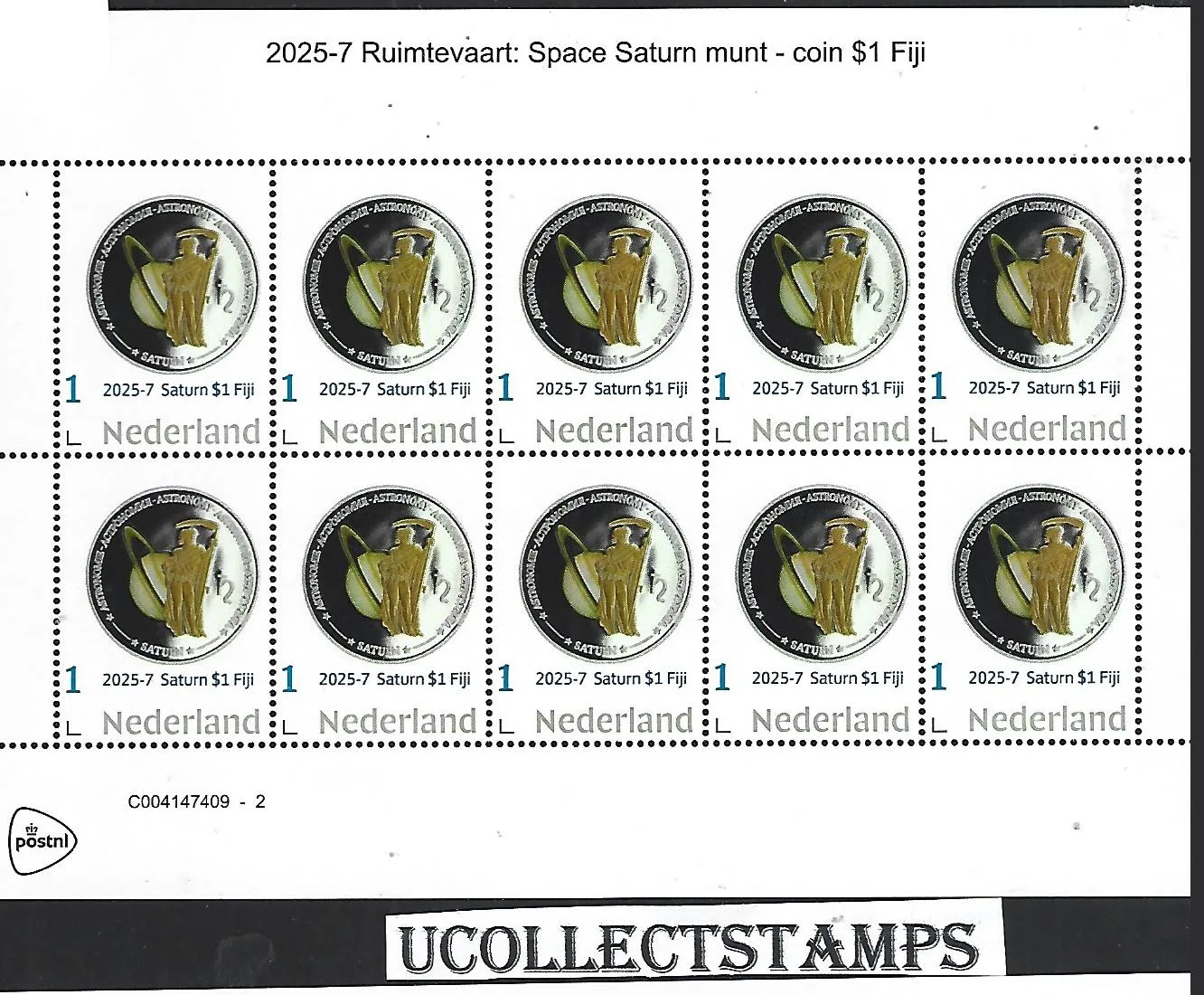 Netherlands 2025-7 Space: Saturn $1 coin Fiji sheet MNH