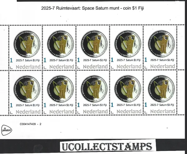 Nederland 2025-7 Ruimtevaart Space: Saturnus $1 coin Fiji sheet postfris/mnh