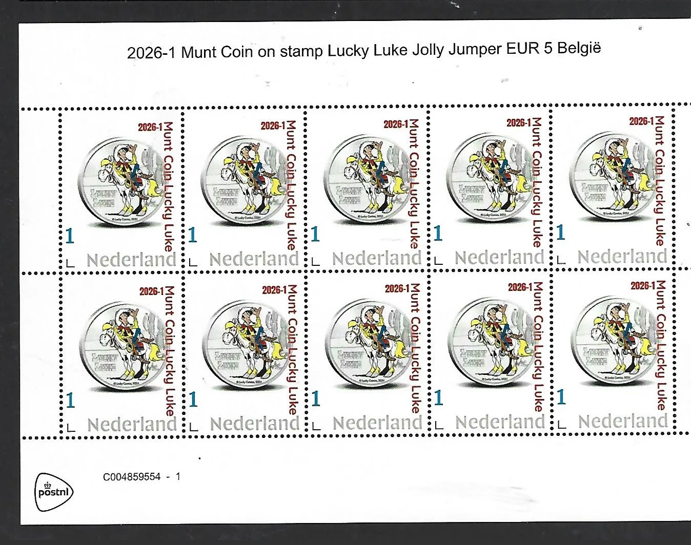 Nederland 2026-1 Munt coin on stamp: Lucky Luke Jolly Jumper Belgie sheet postfris/mnh