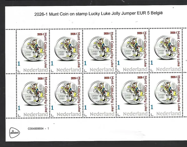 Nederland 2026-1 Munt coin on stamp: Lucky Luke Jolly Jumper Belgie sheet postfris/mnh