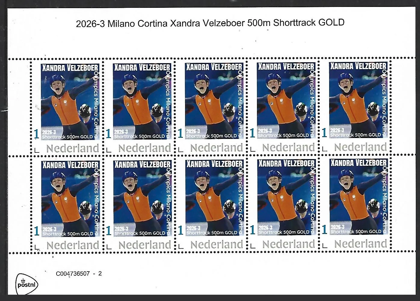 Nederland 2026-3 Olympics Milano Cortina: X Velzeboer 500m Shorttrack sheet postfris/mnh