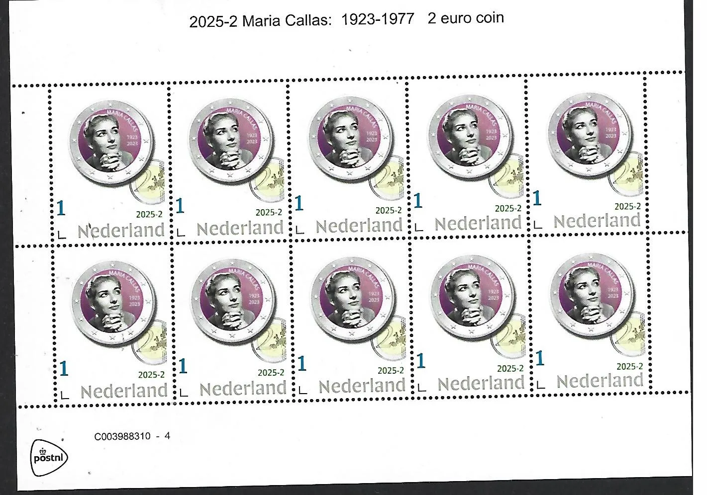 Nederland 2025-2 Maria Callas munt op zegl Coin on stamp sheetlet postfris/mnh
