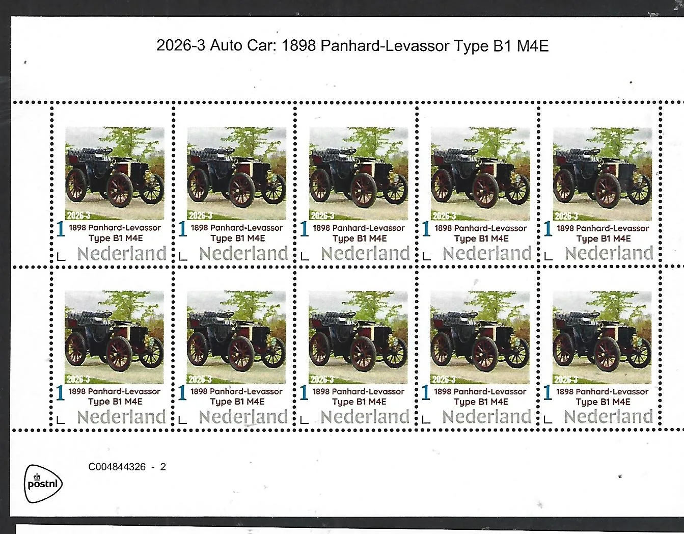 Nederland 2026-5 Auto Oldtimer car: Panhard-Levassor type B1 M4E sheet postris/mnh
