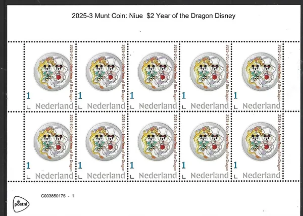Nederland 2025-3 Coin on stamp Disney Mickey yr Dragon sheetlet postfris/mnh