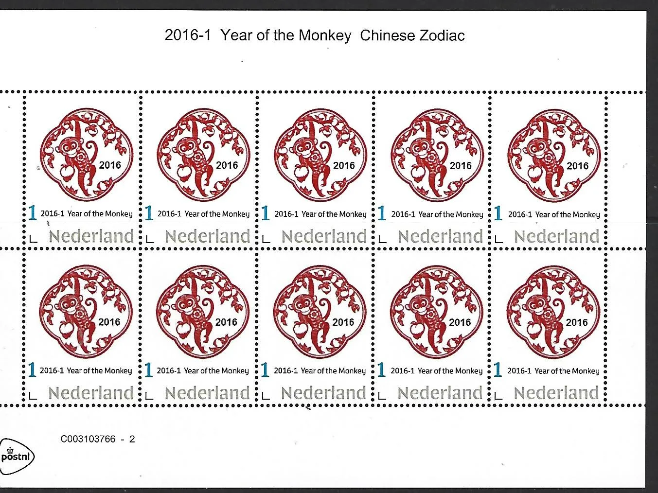Pays-Bas 2016-1 Zodiac chinois : An du singe bloc-feuillet neuf/mnh