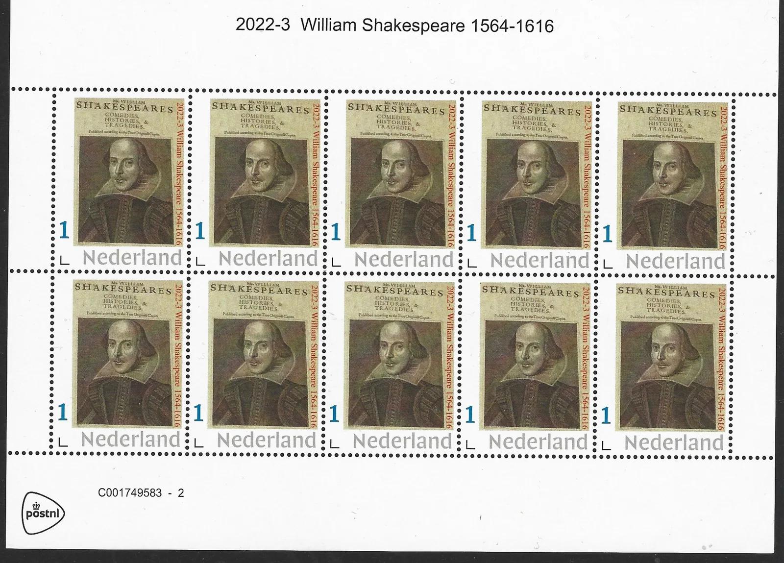 Pays-Bas 2022-3 William Shakespeare feuillet-vignettes neuf/nm