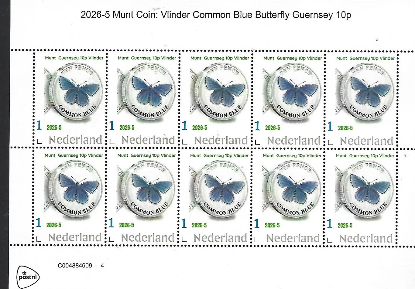 Netherlands 2026-5 Coin: animals Butterfly Guernsey 10p sheet MNH
