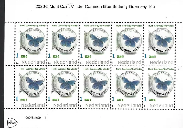 Netherlands 2026-5 Coin: animals Butterfly Guernsey 10p sheet MNH