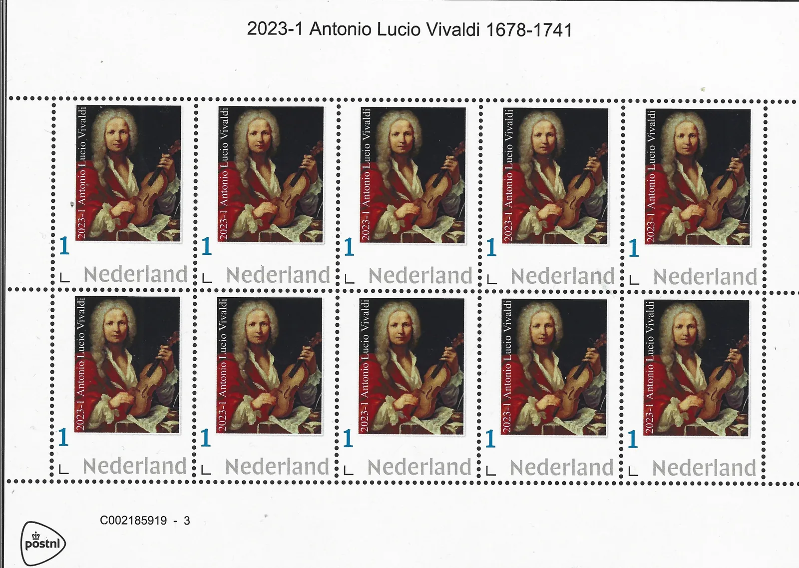 Pays-Bas 2023-1 Antonio Lucio Vivaldi violon feuille de 10 timbres neuf